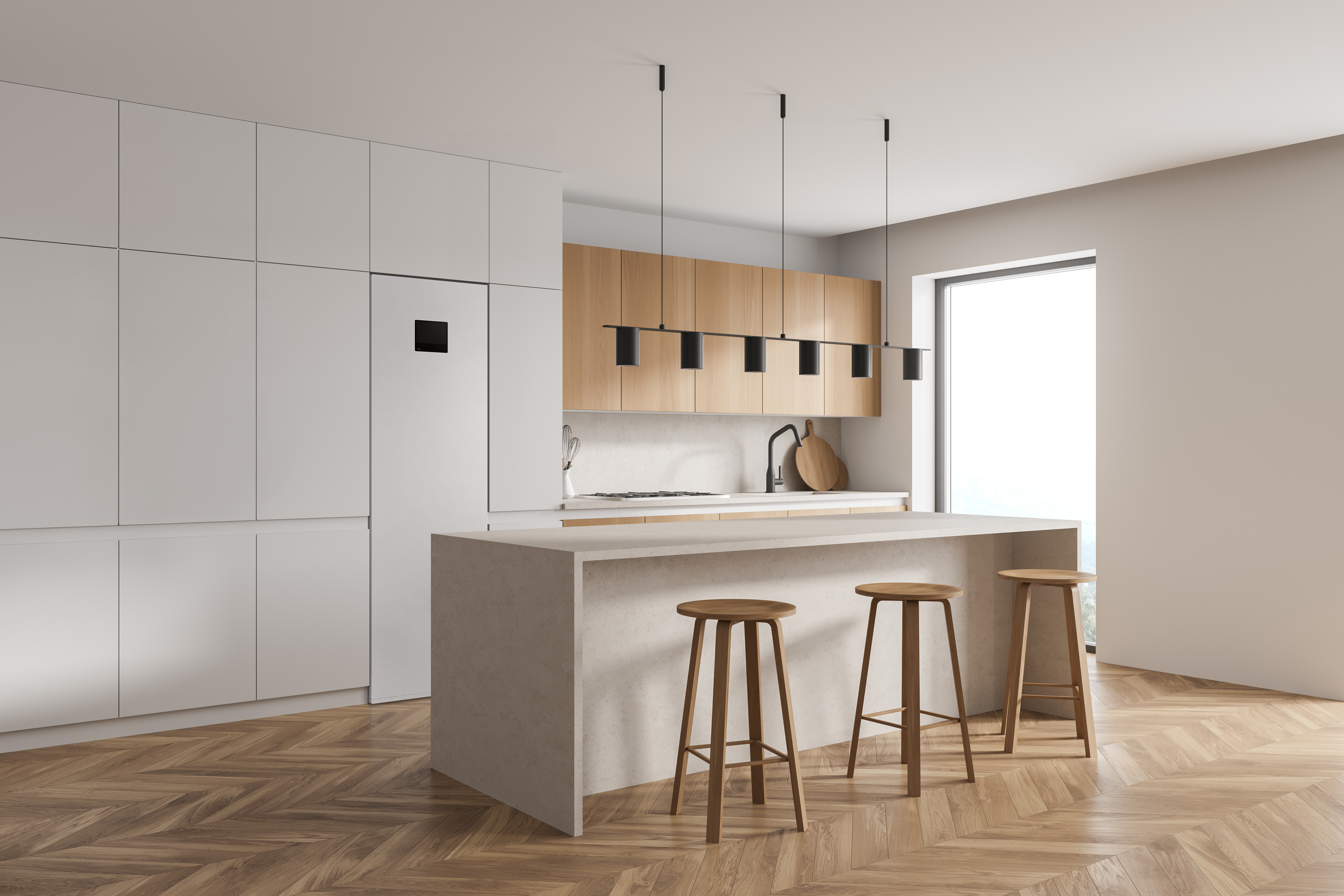 Modern kitchen interior with white walls, a wooden parquet floor and white countertops. A long table with chairs near it. 3d rendering